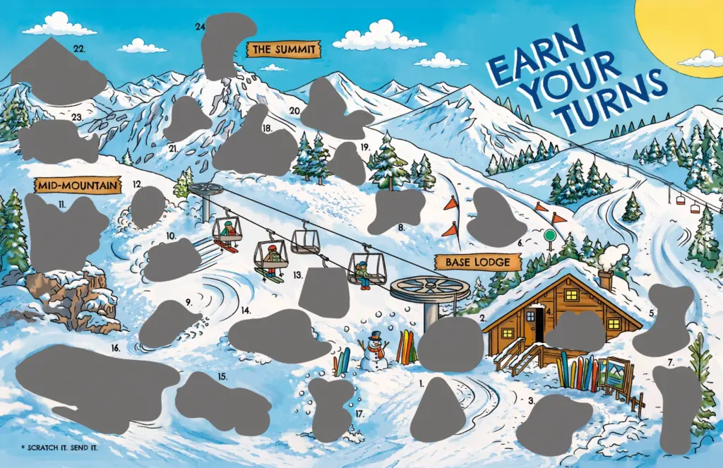 The Earn Your Turns scratch-off card: a panoramic mountain scene with 24 milestones to scratch off